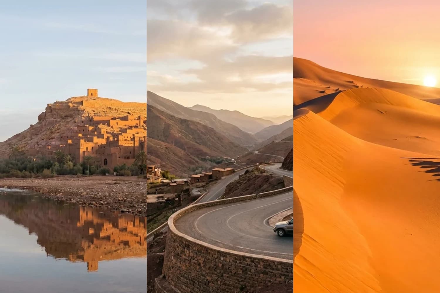 Route et kasbah d'Aït Ben Haddou sur le trajet Marrakech-Merzouga
