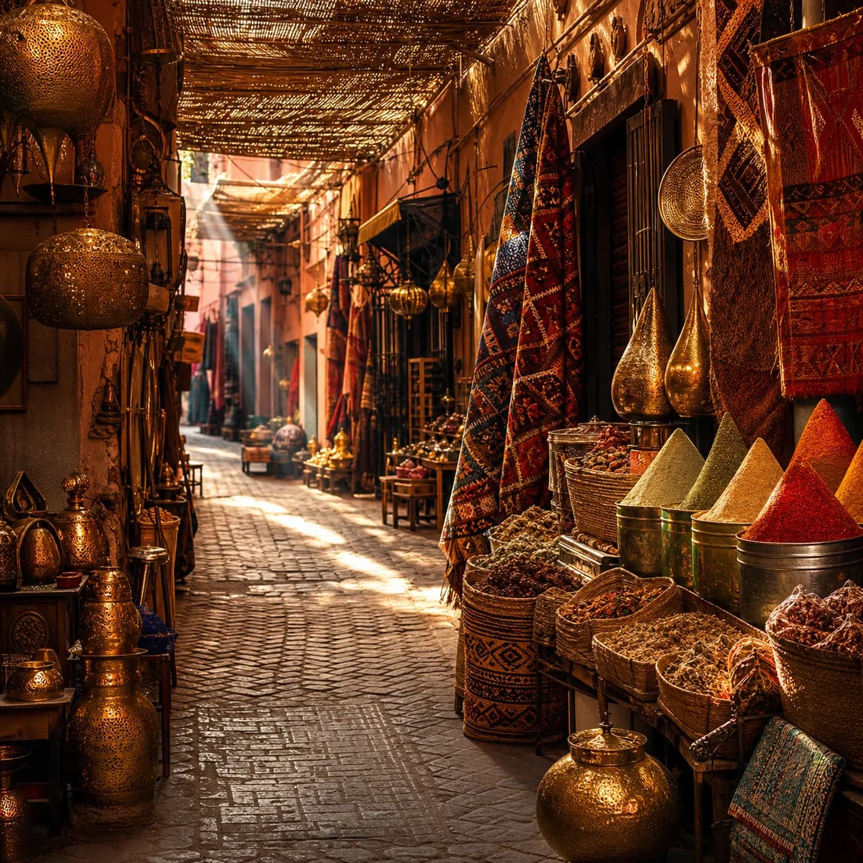 Souk marocain avec lanternes, tapis et épices