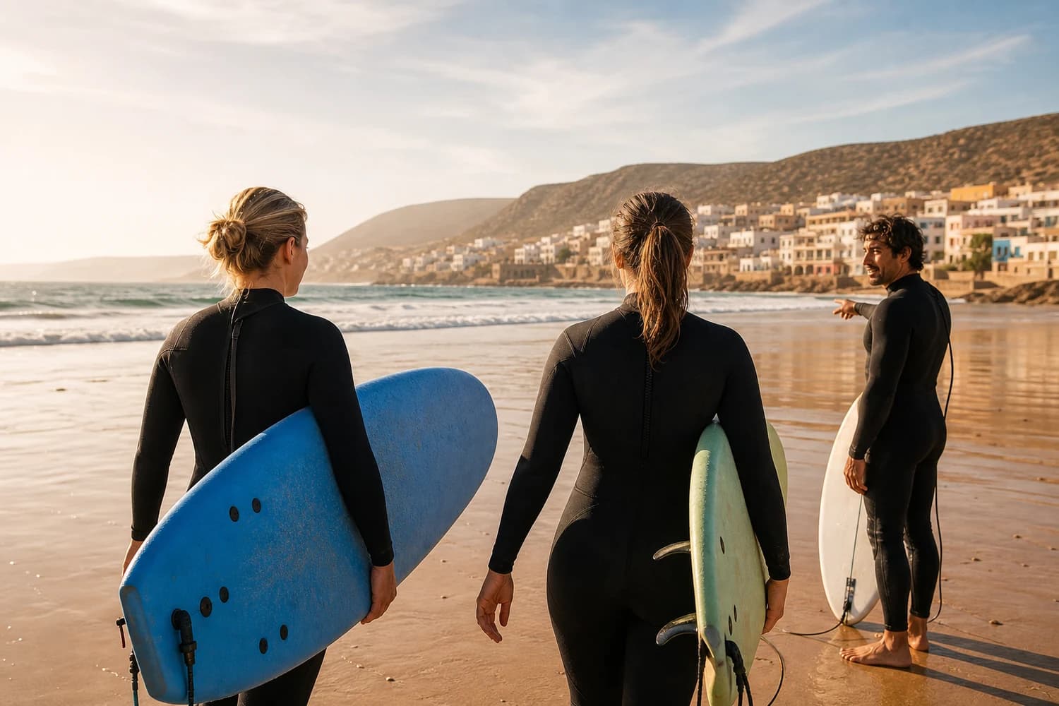 Surfeurs sur la plage de Taghazout au coucher du soleil